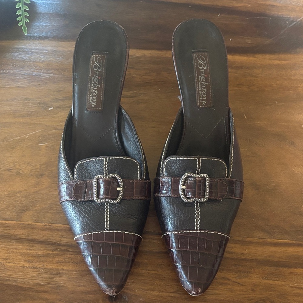 Brighton Women's Black and Brown Buckle leather mules